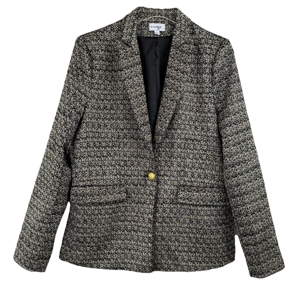 NEW Evereve STARSTRUCK Tweed Blazer Women L Black White Metallic Gold Button - Picture 2 of 13